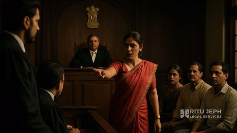 Cinematic Indian courtroom scene depicting the Misuse of Section 498A, where a wife in a red saree makes allegations against her husband’s family before the judge and lawyers