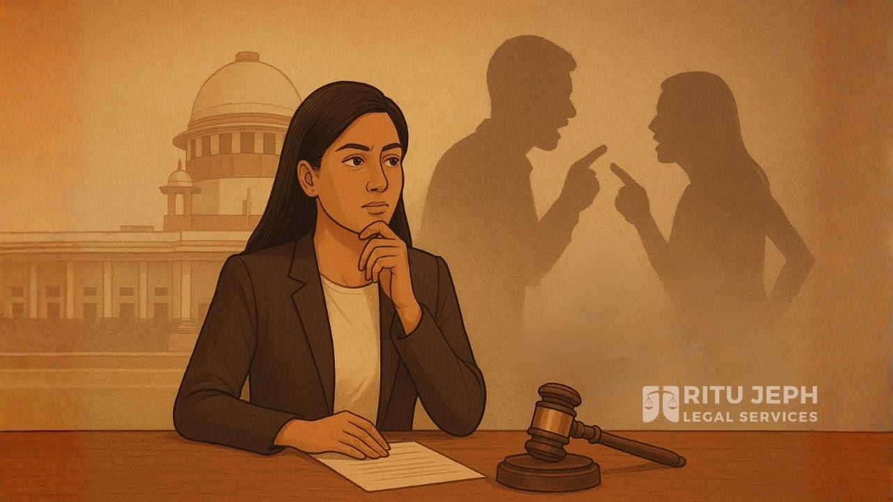 Female legal professional at a desk with a gavel and court building in the background, surrounded by silhouettes of arguing couples — visualizing legal analysis of Section 144 BNSS court rulings on maintenance for educated wives.