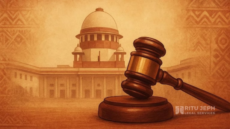 Illustrative image of the Supreme Court of India with a judge’s gavel in the foreground, symbolizing the Hindu Succession Act and tribal inheritance laws in India.
