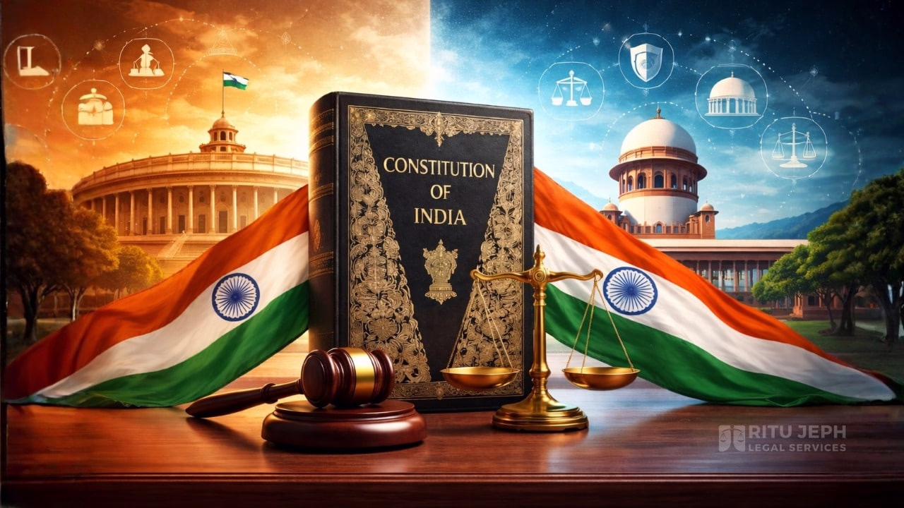 Illustration showing the Constitution of India with Indian Parliament and Supreme Court, symbolizing the federal and unitary structure of Indian governance.