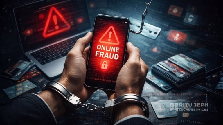 Illustration showing online fraud and digital arrest concept with smartphone warning, cybercrime symbols, and financial scam visuals.