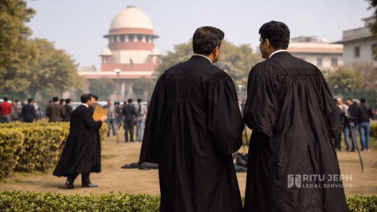 Indian lawyers in black robes standing outside Supreme Court of India, discussing public interest litigation and legal matters.